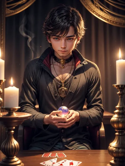 a very cute kitten with playing cards in his hands. he is at a table that has a crystal ball, candles, incense, in a cozy atmosphere.