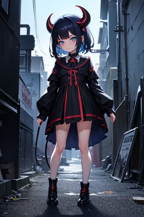 loli demon girl, standing alone,, Romanian ethnicity, full color, full of detail, portrait pPanaso, Bblack hair, blue colored eyes, eyeshadows, lights, Lands, 8k, HDR, anime styling, full body pPanaso, Panas , very Panas, looking ahead at viewer 