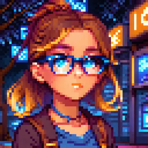 girl with glasses, blue neon sign, nighttime, tree in background, tilting head to side, pixel art, x, pixarfk,