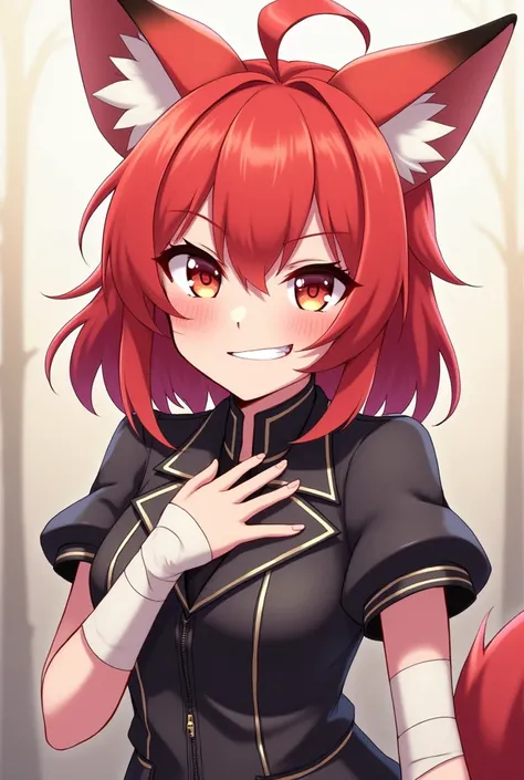 With fox ears、Redhead wearing a short-sleeved rider jacket、The right arm is bandaged、Girl touching her own breast with a mischievous smile　Anime Style