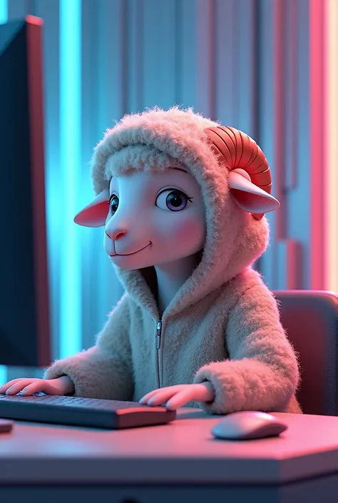 Sitting sheep with a hood and a computer futuristic animated edition