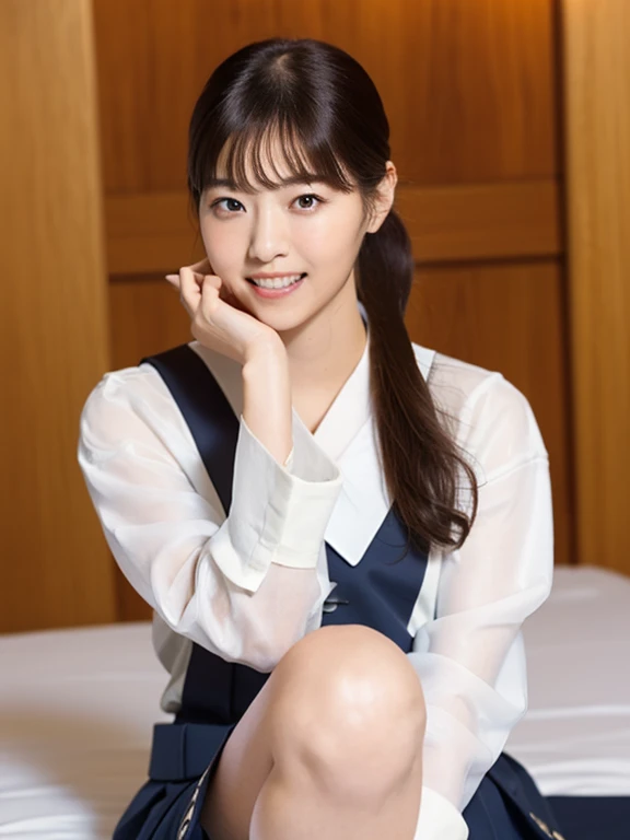 (Masterpiece, Best quality: 1.2), (Ultra realistic, Photo-realistic: 1.2), Japanese high school sailor suit, Navy skirt, Full body, Natural light, 20 years old school girls, Japanese women, Neat and clean, School, (ponytail:1.2), Light brown hair color, (B...