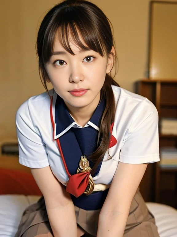 (Masterpiece, Best quality: 1.2), (Ultra realistic, Photo-realistic: 1.2), Japanese high school sailor suit, Navy skirt, Red necktie, Natural light, 25 years old school girls, Japanese women, Neat and clean, School, (ponytail:1.2), Light brown hair color, ...