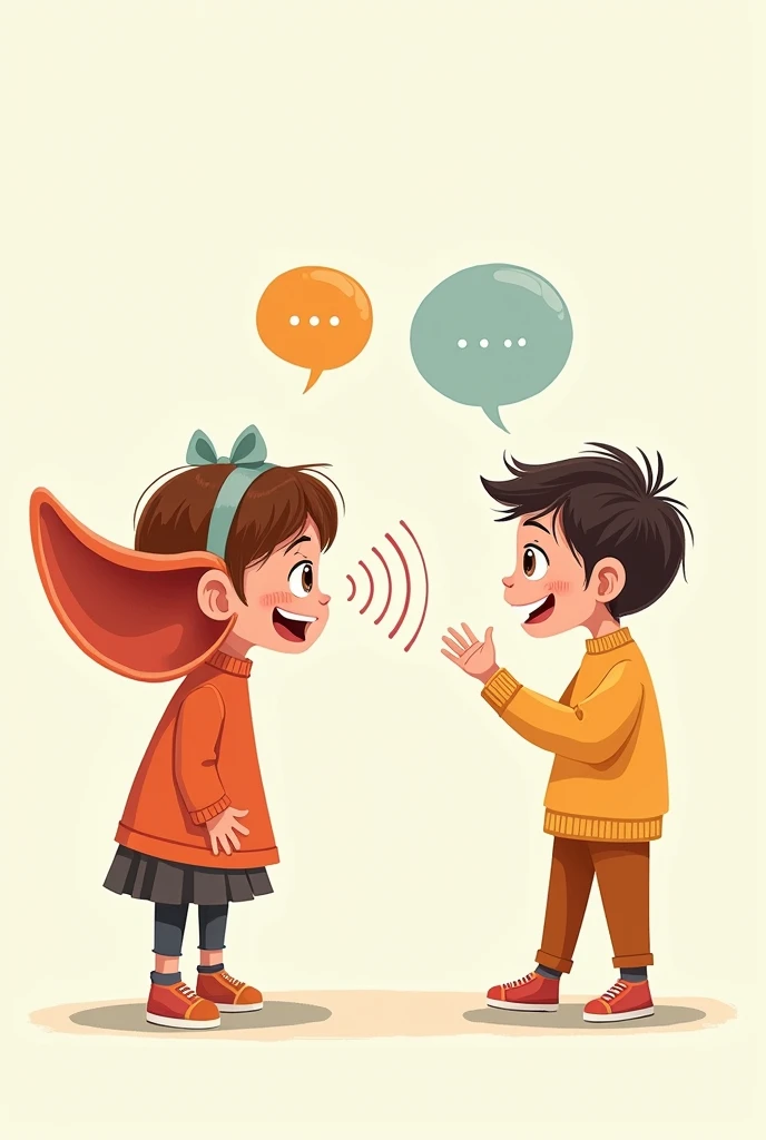 Drawing of a child leaning forward, Paying attention with a relatively large ear while the other child is talking and speech bubbles are coming out of his mouth.  and a sound wave symbol near the child&#39;s head to emphasize the act of listening.