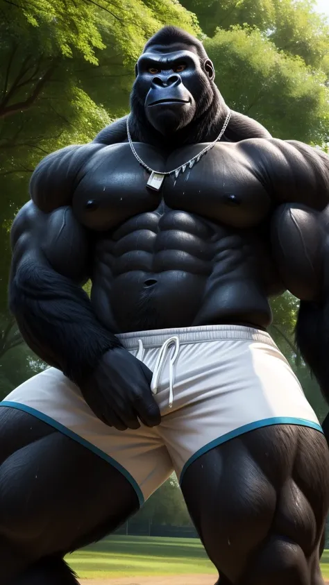 Close-up of a muscular and athletic male gorilla, posing sensually, wearing sports shorts, in a park, at daytime, wearing a necklace, sweaty body, well detailed, ultra detailed, NSFW, black fur, whole body, big body, detailed face, detailed features, detai...