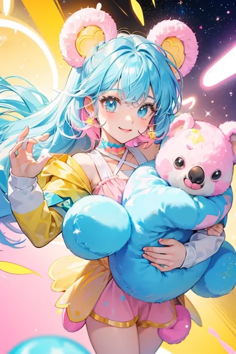 Dunk is a light blue girl donut-shaped koala with pink ears and , yellow paws, a black nose, and yellow, pink, orange, and light blue sprinkles. SPARKLE; GLITTER;