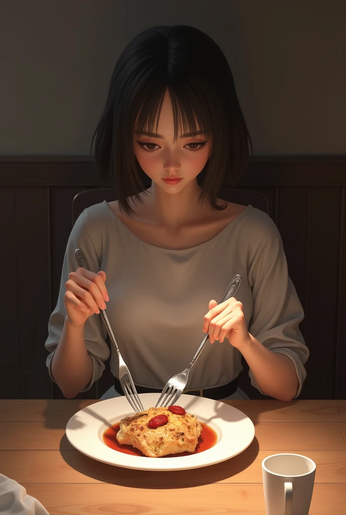 Female character holding fork and knife, facing the front, eating on the table and looking at the plate of food 