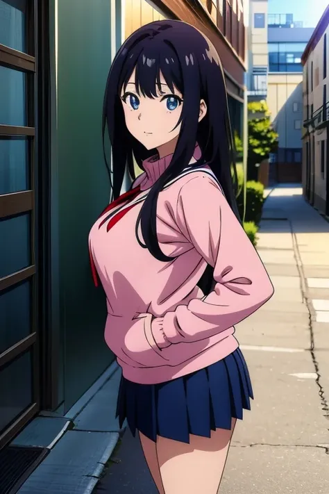 High school anime girl, wearing sweater, pleated skirt, narrow street, looking at the viewer ,perfect anime girl, anime style polished