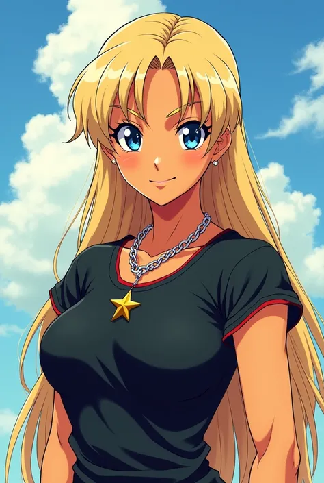 Saint seiya anime style, young adult woman, slightly tanned skin, Irish, bright smile, long straight ashy blond hair shoulder length, blue eyes, vitiligo spots on neck, strong muscle build, black shirt sleeved shirt, necklace silver chain star pendant