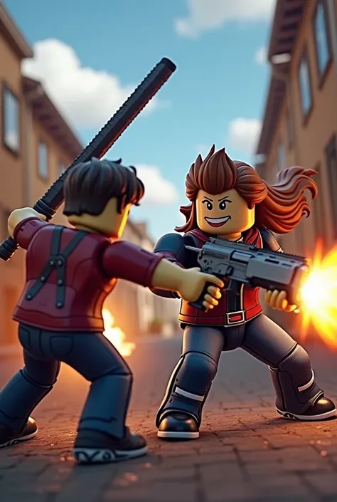 Robloxians fighting with weapons in roblox
