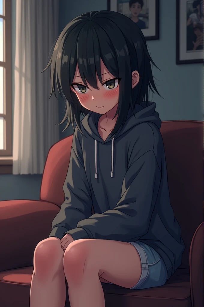 14 year old anime girl sitting on the couch looking angry wearing shots and a hoodie with messy hair 