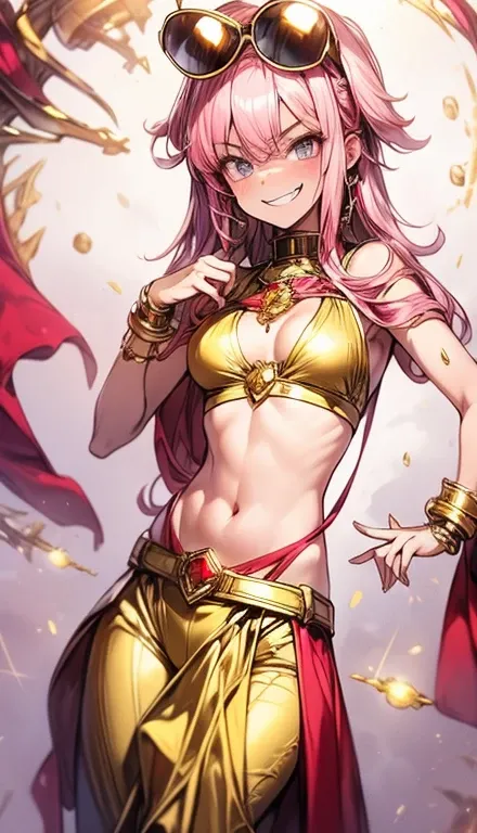 A smug narcissistic pink haired woman wearing a golden bra and golden pants and lots of jewelry flaunting herself