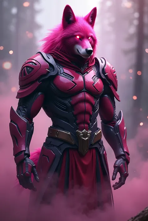 a dark pink wolf warrior, highly detailed, hyper realistic, intricate armor, futuristic, bodyguard, cinematic lighting, digital painting, 8k, octane render, volumetric fog, dramatic pose, glowing eyes, sharp focus, photorealistic, studio lighting