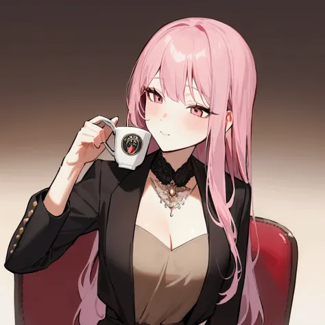 high resolution, accurate, masterpiece, one girl, long hair, pink hair、sit on a chair、drinking coffee with a proud look on one&#...