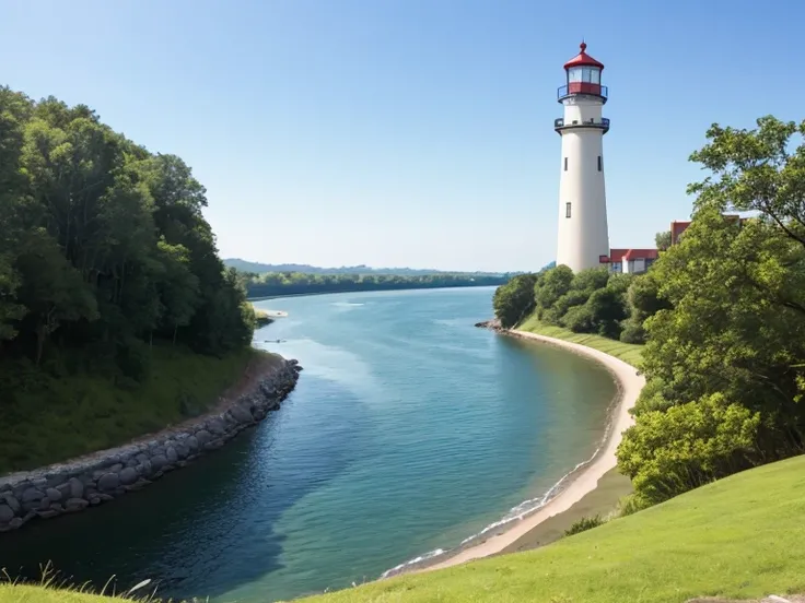 Marshland、coastal、River flowing into the sea、A peninsula with a lighthouse in the background