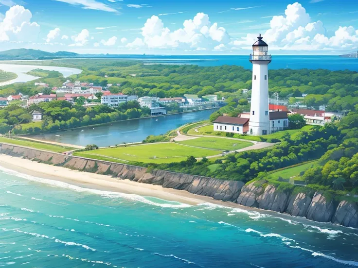 Marshland、coastal、River flowing into the sea、A peninsula with a lighthouse in the background