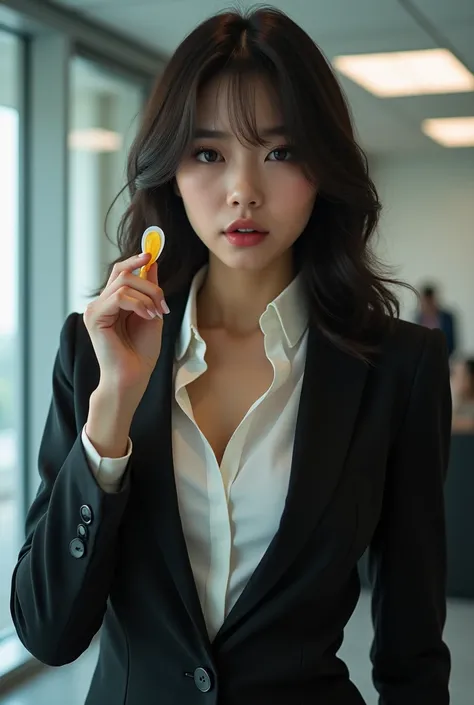 Sexy Korean woman in office look holding used condom