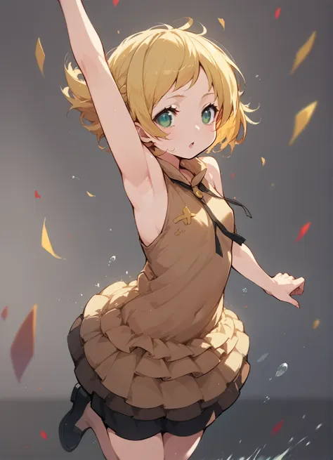 flat chest,ミニスカートanime girls in brown dress jumping in the air with her arms outstretched, change in dress, splash art anime cha...