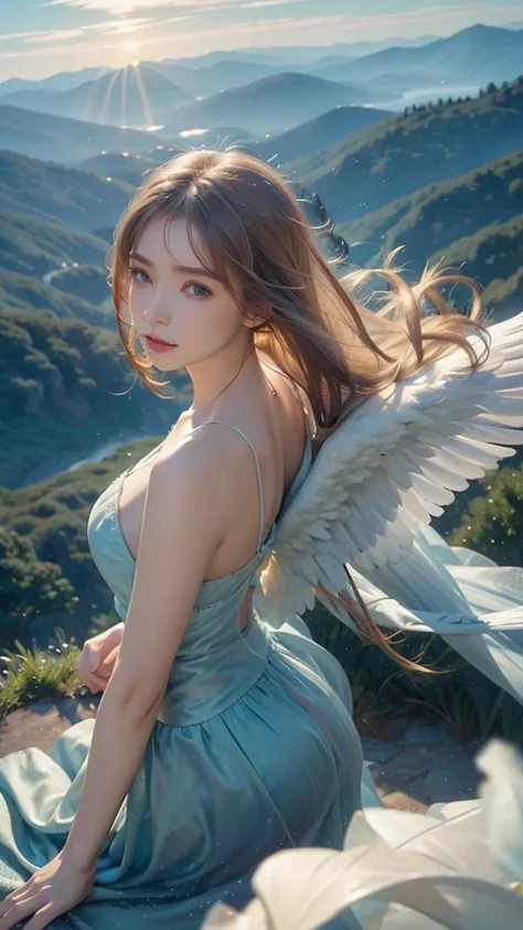 ((a serene summer scene with an ultra-high-definition, realistic angel flying gracefully in the sky)),
the angel is facing towar...