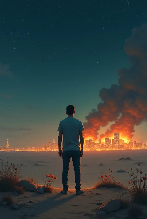 Lonely man in the night desert. in the background a city. on fire, next to the man a beautiful flower, starry sky , HD, the man is with his back turned, in surreal style, dreamlike painting 