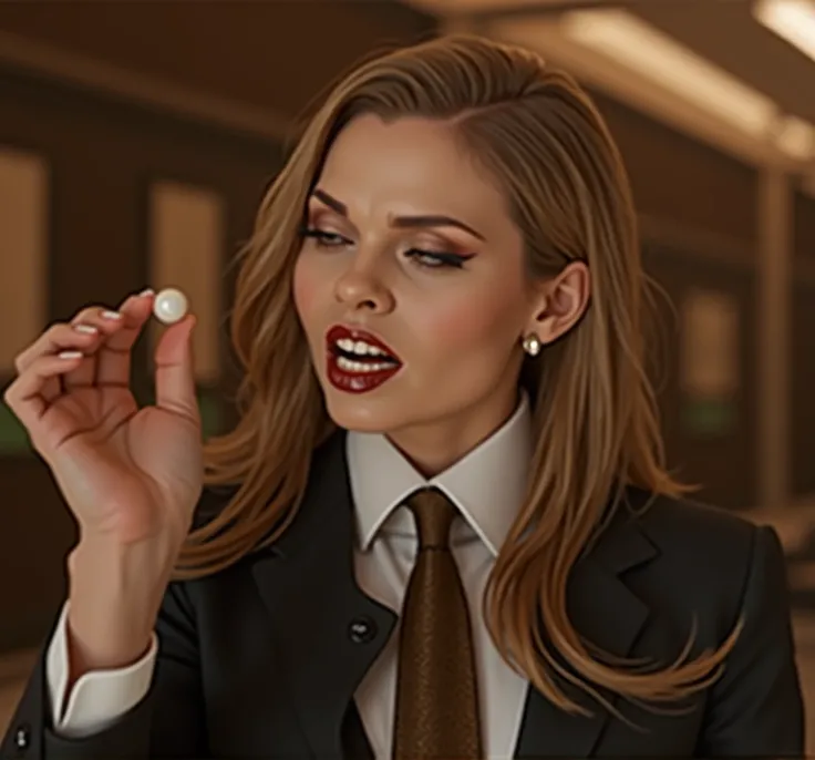 a detailed sexy busty evil witch, perfect teeth, wearing suit and tie, big bulging eyes, mouth open wide, moaning sexually, holding a small white pearl in her hand, looking at the pearl in her hand, cinematic lighting, hyperrealistic, 8k, highly detailed, ...