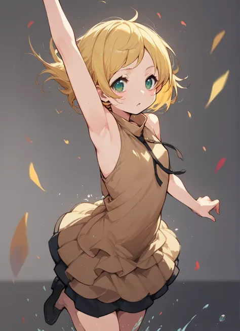 flat chest,ミニスカートanime girls in brown dress jumping in the air with her arms outstretched, change in dress, splash art anime cha...