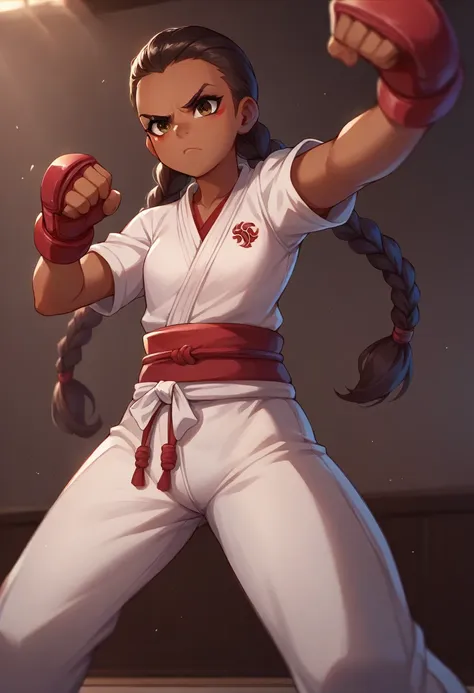 alejandra (overwatch), latina, loli, loli body, twin braids, dark skinned woman, karate uniform, fighting pose, serious look