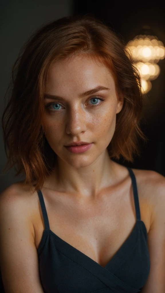 super cute redhead woman in dark theme flash photo. short hair, natural pointy naked breasts, hard nipples with realistic detail...