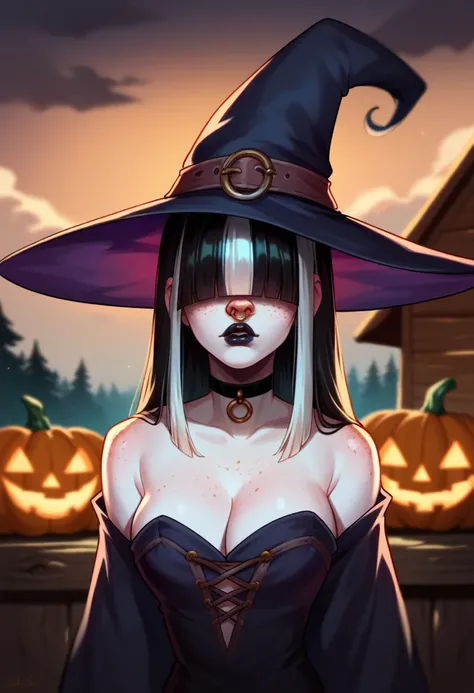 score_9, score_8_up, score_7_up, elisehtp, 1girl, solo, pale skin, hair over eyes, blunt bangs, streaked hair, freckles, white skin, black lips, black choker, nose ring, witch hat, witch, cabin, wetland, jack-o-lantern, dark background, cloudy sky, fog, cl...