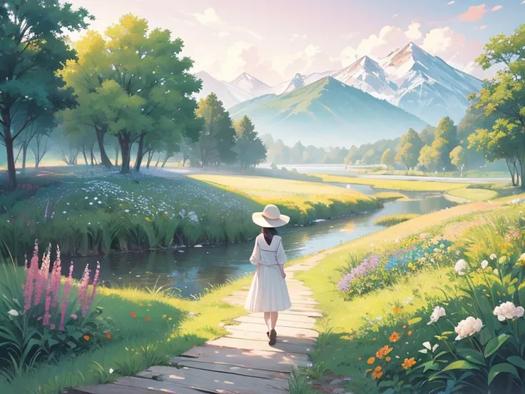 Nature、Magnificent View、Marshland、Flower Field、alpine plants、Boardwalk、Girl Walking On The Road、White wide-brimmed hat、Long Skirt、pastel colour、cardigan、Back view