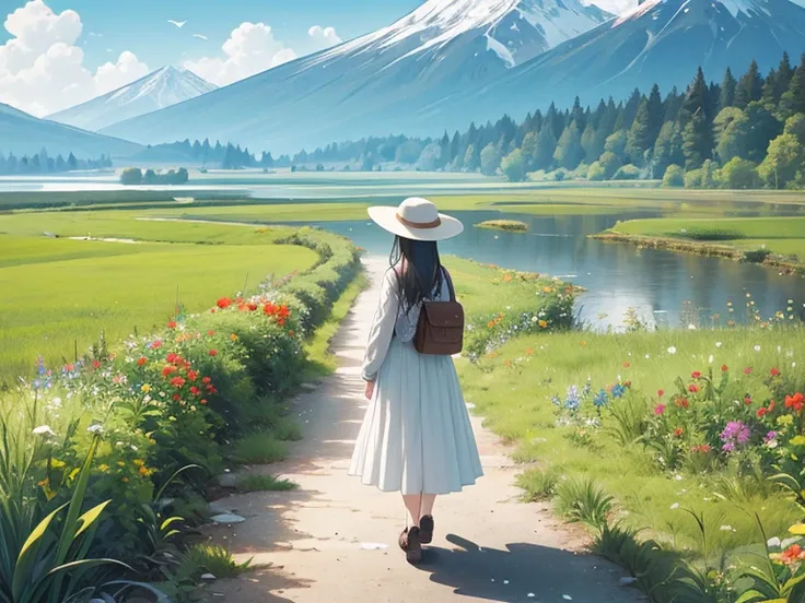 Nature、Magnificent View、Marshland、Flower Field、alpine plants、Boardwalk、Girl Walking On The Road、White wide-brimmed hat、Long Skirt、pastel colour、cardigan、Back view