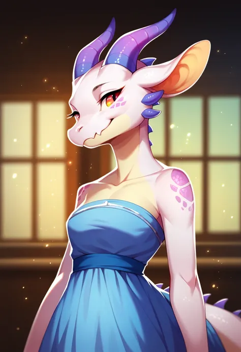 score_9, score_8_up, score_7_up, misalia, 1girl, solo, furry female, white skin, dragon girl, horns, snout, portrait, depth of field, light particles, dress, bare shoulders,