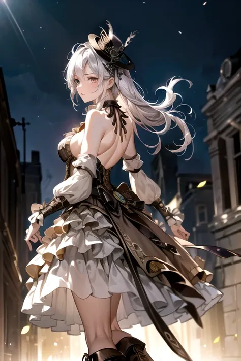 ((steampunk:1.5))(Background: London at night))((alone、A woman wearing a long halter dress、Elegant woman posing:1.4、Detailed face、Bright expression、Younger, brighter, whiter skin、Best Looks、The ultimate beauty、Silver hair with dazzling highlights、Shiny bri...