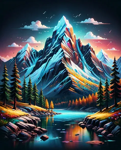 impressive painting of a mountain with trees and water, a detailed painting by petros afshar, shutterstock contest winner, envir...