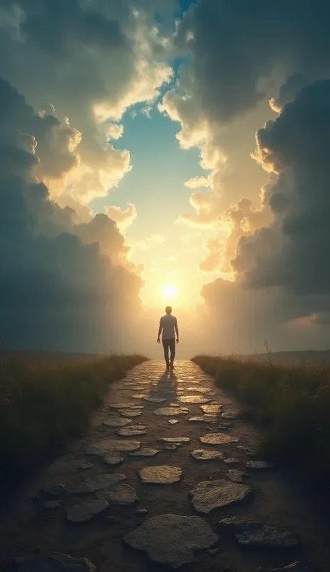 A path with a person moving forward, with a dramatic sky, dark clouds moving away to reveal divine light, representing protection against evil.