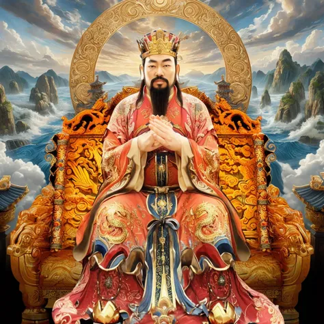 an ancient chinese god emperor sit on throne, one hand in front of another hand, good looking man with beard, long big ears, one...