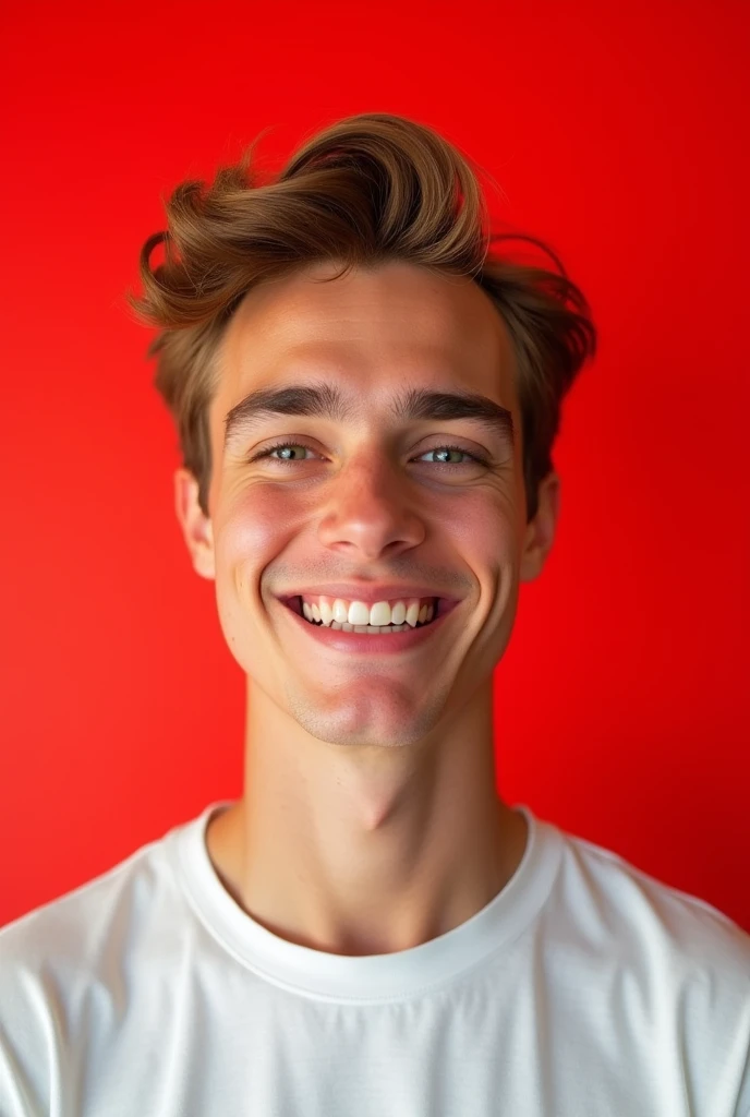 19 year old white male, light eyes, sonrriendo , white flannel, Red background
