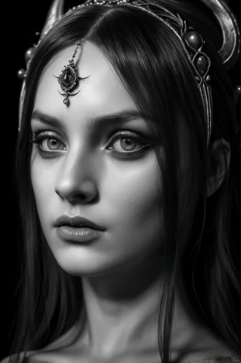 A teenage girl, beautiful detailed eyes, beautiful detailed lips, extremely detailed eyes and face, long eyelashes, ornate horned headdress, dark gothic dress, dramatic chiaroscuro lighting, moody color palette, dark fantasy, occult, mystical, (best qualit...