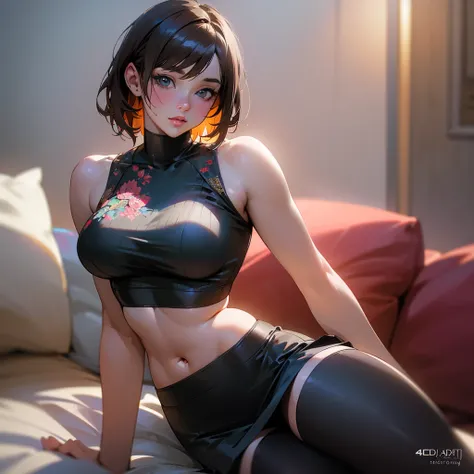 a young anime girl, detailed beautiful face, large expressive eyes, detailed lips, short brown hair, fair skin, wearing a revealing crop top, exposing midriff, slightly chubby abdomen, black skirt with thigh-highs, sitting in a relaxed pose, (best quality,...