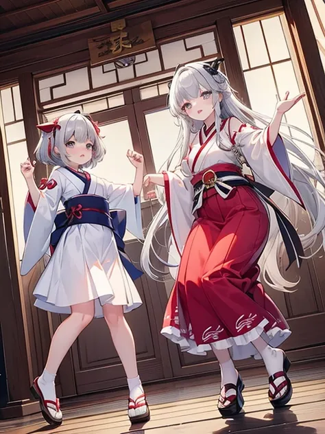 Two Girls、Shrine maiden、Dancing while spinning、Silver Hair、緑Silver Hair、Ruby eyes、Rainbow Eyes、Full body portrait、Costumes with long hems