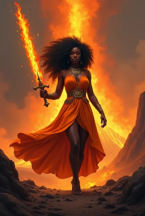 Black woman Orisha, warrioress, curly hair,  in the middle of a volcano, orange dress, with a flaming sword raised in his hand