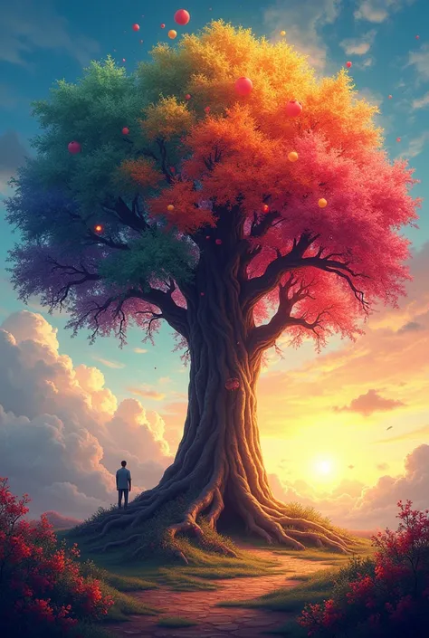 .	Colorful trees nurturing the future. A large tree is depicted in the center of the poster.、The leaves and branches are painted in various colors.。There is a person at the base of the tree々Gathered、The light of each person&#39;s color illuminates the tree...