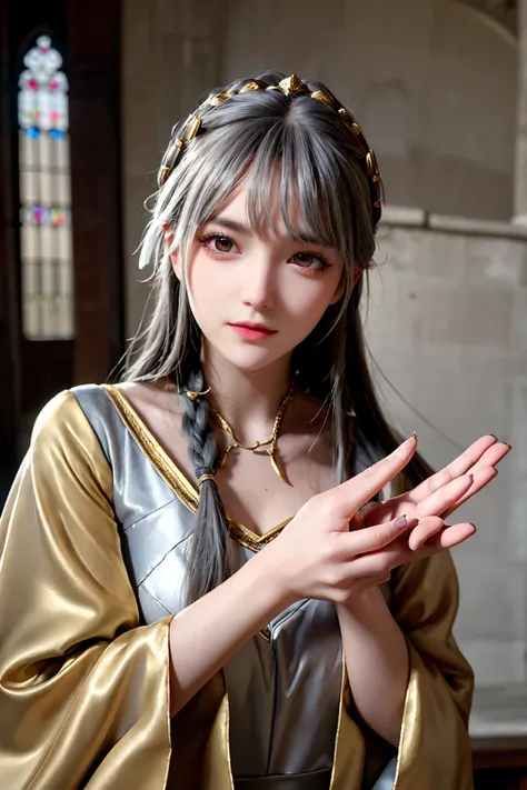 Highest quality, masterpiece,Gray Hair, Golden Eyes,Medieval dress, look up, Upper Body,hair,Fair skin,Side braid、Inside the medieval castle