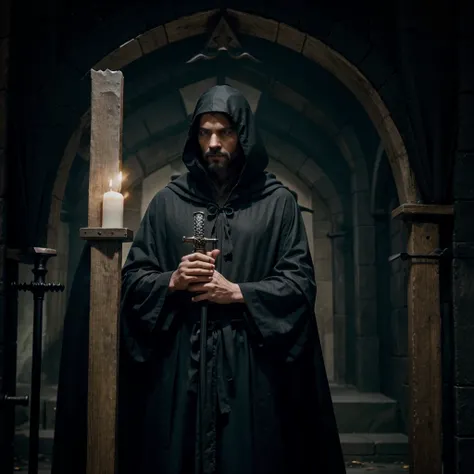 A wizard wearing a black cloak holding a large ritual sword 