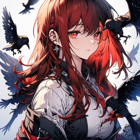 Black eyes with red pupils,black and red hair with some crows flying around