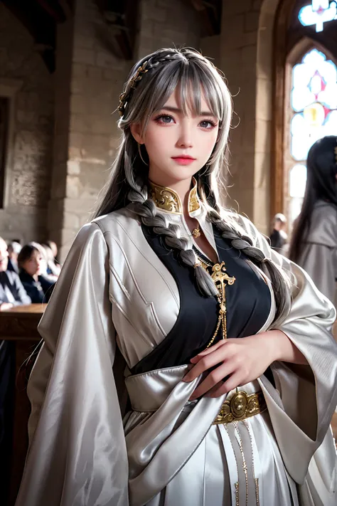 Highest quality, masterpiece,Gray Hair, Golden Eyes,Medieval dress, look up, Upper Body,hair,Fair skin,Side braid、Inside the medieval castle