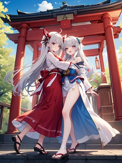 Two Girls、Shrine maiden、Dancing while spinning、Silver Hair、緑Silver Hair、Ruby eyes、Rainbow Eyes、Full body portrait、Costumes with long hems