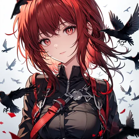 Black eyes with red pupils,black and red hair with some crows flying around