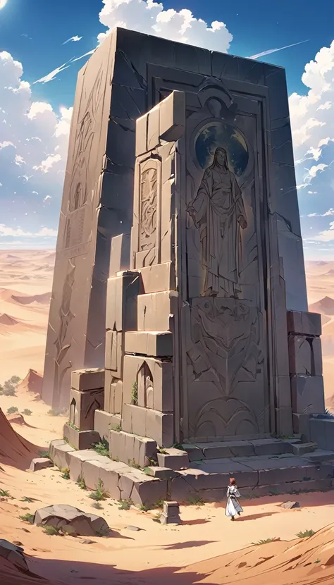 Long desert, clear sky, Scenario, moonligh, stele, high qualiy, anime styling, a photograph of Jesus looking forward anime art
