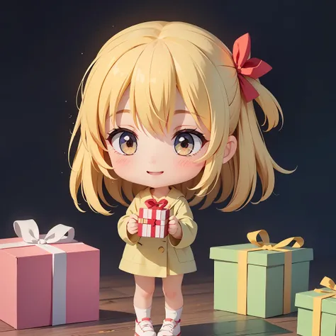 Super Chibi Character：1.8、Blonde Hair、Cute 7 year old girl、Random cute outfits、Wearing cute shoes、Super Chibi Character：1.8、smile、Super Smile、Holding a gift box with a red ribbon in both hands、Holding a gift box with a red ribbon in both hands、Looking at t...